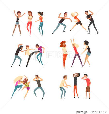 Outraged Man and Woman Characters Fighting and Quarrelling Swearing and Flapping Arms Vector Set 95481365