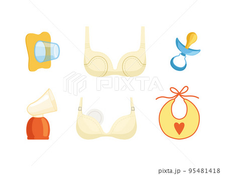 Breastfeeding Items with Soother, Bib, Bra, Cap and Cup for Milk Sucking Vector Set Breastfeeding Items with Soother, Bib, Bra, Cap and Cup for Milk Sucking Vector Set 95481418