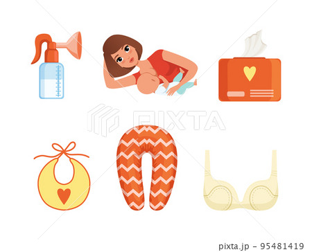 Breastfeeding with Woman Feeding Baby and Items with Milk Bottle, Wipes, Bib, Boppy Pillow and Bra Vector Set Breastfeeding with Woman Feeding Baby and Items with Milk Bottle, Wipes, Bib, Boppy Pillow and Bra Vector Set 95481419