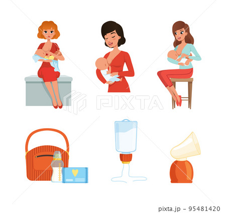 Breastfeeding with Woman Holding Baby and Items with Milk Bottle Vector Set Breastfeeding with Woman Holding Baby and Items with Milk Bottle Vector Set 95481420