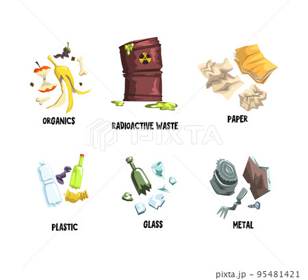 Garbage with Organic, Radioactive Waste, Paper, Plastic, Glass and Metal Vector Set Garbage with Organic, Radioactive Waste, Paper, Plastic, Glass and Metal Vector Set 95481421