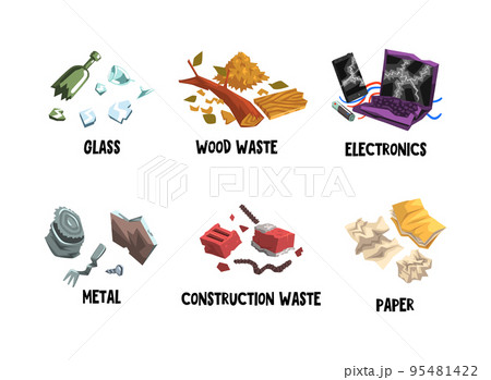 Garbage with Glass, Wood Waste, Electronics, Metal, Construction and Paper Vector Set 95481422
