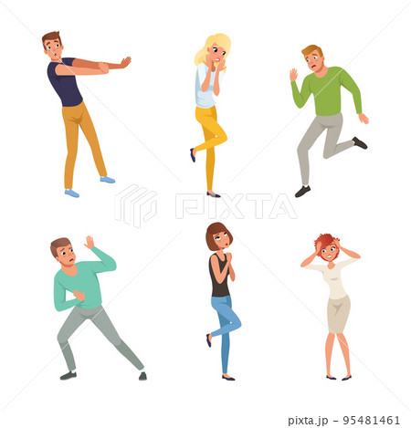 People Character Afraid of Something Feeling Scared and Terrified Screaming and Escaping Vector Illustration Set People Character Afraid of Something Feeling Scared and Terrified Screaming and Escaping Vector Illustration Set 95481461