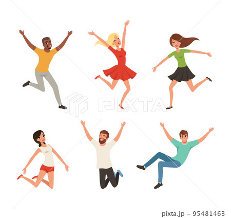 Happy People Character Jumping with Raised Hands Vector Set 95481463