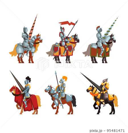 Armored Medieval Knight or Cavalryman Sitting on Horseback Holding Lance Vector Set 95481471
