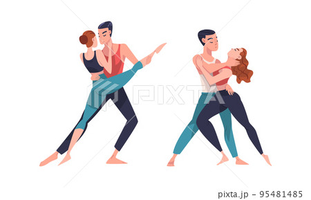 Men and women professional dancers training and exercising in studio or rehearsing performance cartoon vector illustratio 95481485