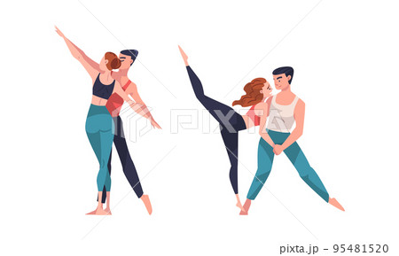 Couples of ballet dancers set. Man and woman professional dancers training and exercising in studio cartoon vector illustration Couples of ballet dancers set. Man and woman professional dancers training and exercising in studio cartoon vector illustration 95481520