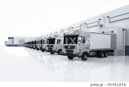Group of logistic trailer trucks or lorries at warehouse Group of logistic trailer trucks or lorries at warehouse 95481858