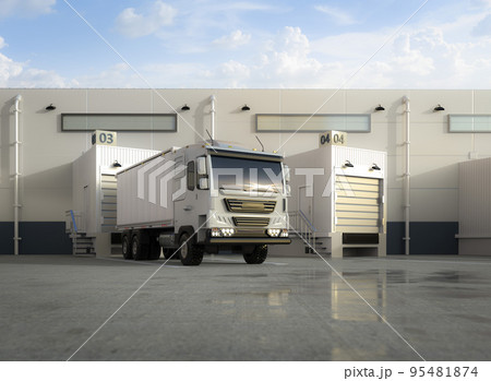 Group of logistic trailer trucks or lorries at warehouse 95481874