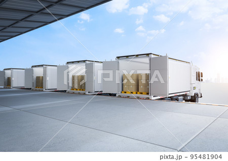 Logistic trailer truck or lorry fully loading cardboard boxes 95481904