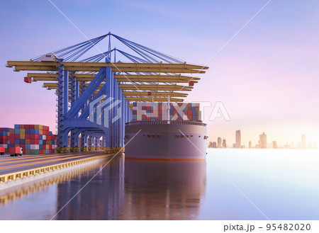 Cargo ship or vessel with containers at terminal port Cargo ship or vessel with containers at terminal port 95482020