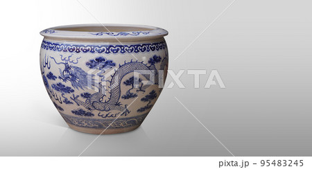 antique big white and blue ceramic pot on grey background, object, decor, vintage, ancient, copy space 95483245