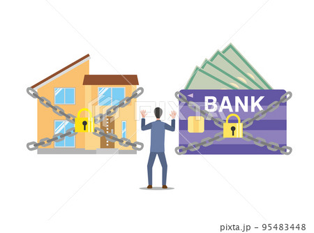 銀行口座や住宅が差し押さえされて驚く男性のイラスト素材 銀行口座や住宅が差し押さえされて驚く男性のイラスト素材