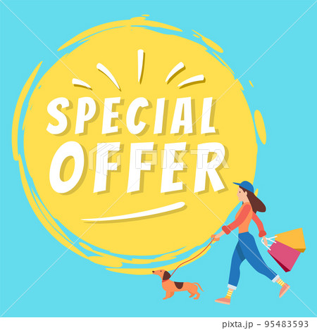 Promotion of sales and discounts. A girl is walking with the dog and going shopping on black friday Promotion of sales and discounts. A girl is walking with the dog and going shopping on black friday 95483593