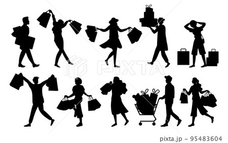 Silhouettes of people shopping. Shoppers with purchases in their hands and women buying clothes 95483604