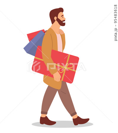 Serious man with gift boxes in his hands. Young shopper guy isolated on the white background Serious man with gift boxes in his hands. Young shopper guy isolated on the white background 95483618