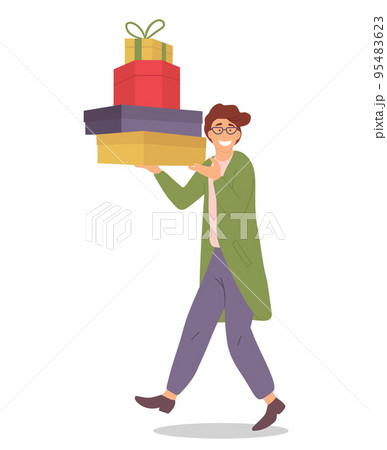 Smiling man with gift boxes in his hands. Young shopper guy isolated on the white background Smiling man with gift boxes in his hands. Young shopper guy isolated on the white background 95483623