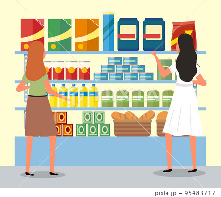 Girls next to the food counter are choosing goods. Women communicate during a shopping sale 95483717