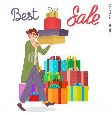 Smiling man with gift boxes in his hands. Young shopper guy with big presents on the background Smiling man with gift boxes in his hands. Young shopper guy with big presents on the background 95483744