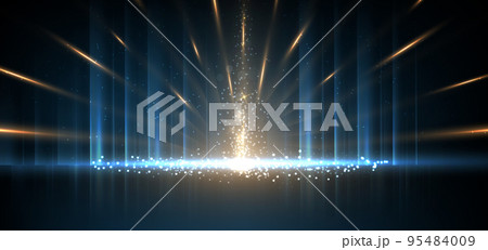 Luxury golden and light blue glowing lines with lighting effect sparkle on dark blue background. Luxury golden and light blue glowing lines with lighting effect sparkle on dark blue background. 95484009