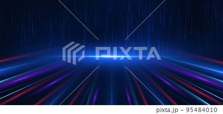 Abstract technology futuristic glowing blue and red light lines with speed motion blur effect on dark blue background. Abstract technology futuristic glowing blue and red light lines with speed motion blur effect on dark blue background. 95484010