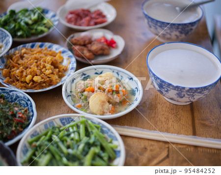 Rice gruel and side dish . Concept breakfast THAI STYLE Rice gruel and side dish . Concept breakfast THAI STYLE 95484252