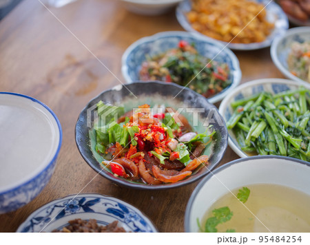 Rice gruel and side dish . Concept breakfast THAI STYLE 95484254