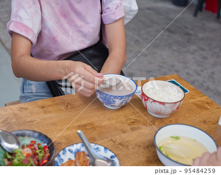 Rice gruel and side dish . Concept breakfast THAI STYLE 95484259