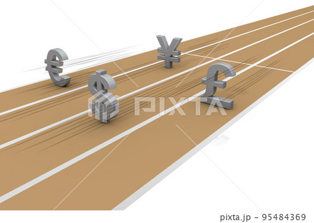 ＄・￥・€・£の為替相場競争。ドル・円・ユーロ・ポンドの立体文字。外貨ビジネスの上昇と下降。 95484369