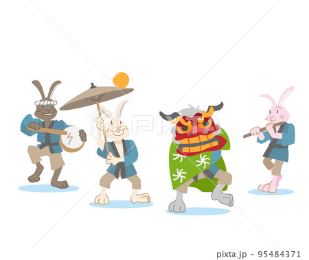 新年を祝う演舞をするうさぎたち 95484371