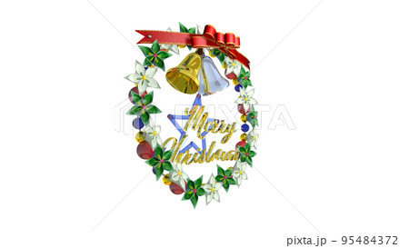 クリスマスのリース・白と緑の花・金と銀のベル・飾り文字あり・左45°から クリスマスのリース・白と緑の花・金と銀のベル・飾り文字あり・左45°から 95484372