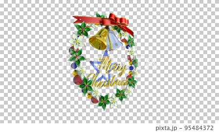 Christmas wreath, white and green flowers, gold and silver bells, decorative letters, left 45° Christmas wreath, white and green flowers, gold and silver bells, decorative letters, left 45° 95484372