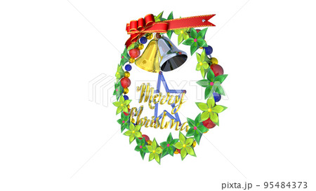 クリスマスのリース・黄緑と緑の花・金と銀のベル・飾り文字あり・右45°から クリスマスのリース・黄緑と緑の花・金と銀のベル・飾り文字あり・右45°から 95484373