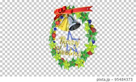 Christmas wreath, yellowish green and green flowers, gold and silver bells, decorative letters, right 45° Christmas wreath, yellowish green and green flowers, gold and silver bells, decorative letters, right 45° 95484373