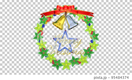 Christmas wreath, yellow green and green flowers, gold and silver bells, decorative letters, from the front Christmas wreath, yellow green and green flowers, gold and silver bells, decorative letters, from the front 95484374