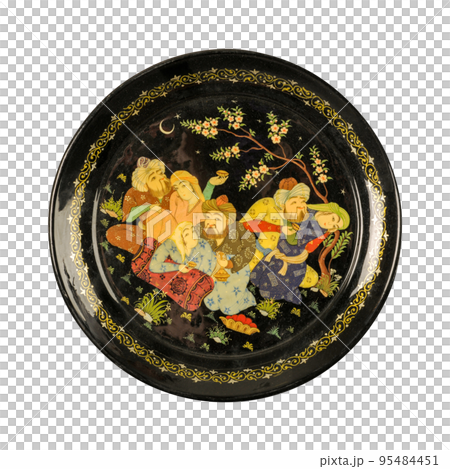 A top view of an oriental ceramic plate depicting couples painted in the center on a white background, Uzbekistan 95484451