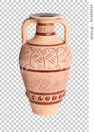 A vintage decorated ceramic jug isolated on a white background A vintage decorated ceramic jug isolated on a white background 95484454