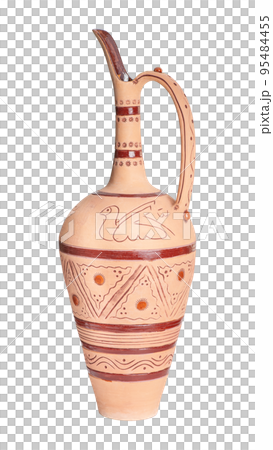 A vintage decorated ceramic jug isolated on a white background 95484455