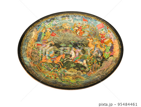 A top view of an oriental ceramic plate depicting a war scene on a white background, Uzbekistan 95484461