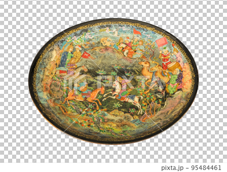 A top view of an oriental ceramic plate depicting a war scene on a white background, Uzbekistan 95484461