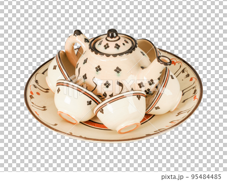 A vintage oriental ceramic teapot and cups isolated on a white background 95484485