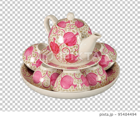A vintage oriental ceramic teapot and cups isolated on a white background A vintage oriental ceramic teapot and cups isolated on a white background 95484494