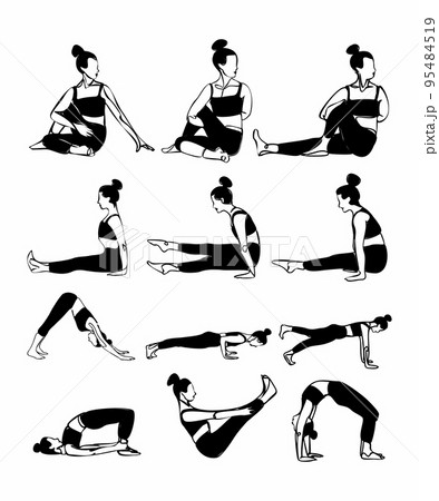Yoga Poses Collection Set Black Icons Isolated on White Background 95484519