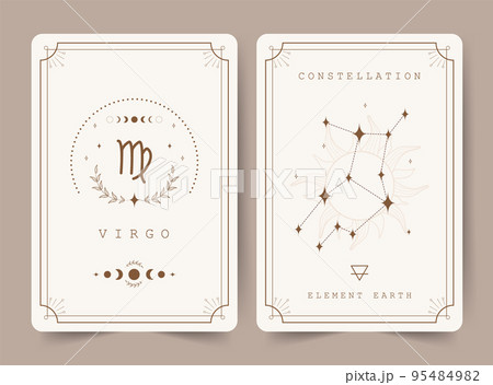 Virgo. Witchcraft cards with astrology zodiac sign and constellation. Perfect for tarot readers and astrologers. Occult magic background. Horoscope template. Vector illustration in boho style Virgo. Witchcraft cards with astrology zodiac sign and constellation. Perfect for tarot readers and astrologers. Occult magic background. Horoscope template. Vector illustration in boho style 95484982