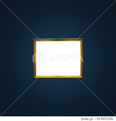 Antique art fair gallery frame on royal blue wall at auction house or museum exhibition, blank template with empty white copyspace for mockup design, artwork concept 95485166