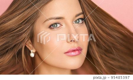 Beauty, makeup and hairstyle, beautiful woman with glossy lipstick make up on pink background as bridal make-up look, fashion and glamour model face portrait for cosmetics, skincare and hair care Beauty, makeup and hairstyle, beautiful woman with glossy lipstick make up on pink background as bridal make-up look, fashion and glamour model face portrait for cosmetics, skincare and hair care 95485397