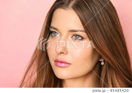 Beauty, makeup and hairstyle, beautiful woman with glossy lipstick make up on pink background as bridal make-up look, fashion and glamour model face portrait for cosmetics, skincare and hair care 95485420