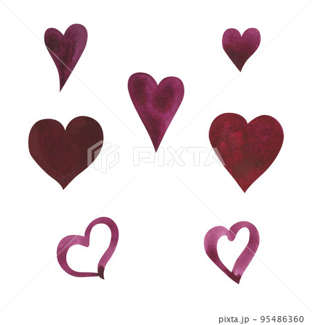 Watercolor set heart shape red, pink color isolated on white. Hand drawn illustration for cards for Valentine s day 95486360