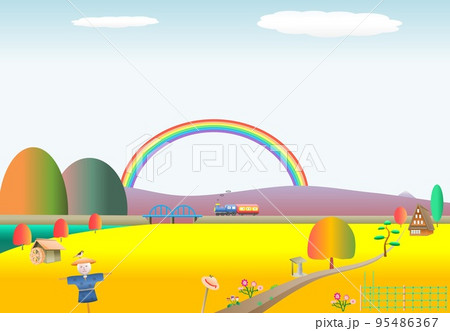 虹秋田舎稲穂田んぼ山機関車合掌 95486367