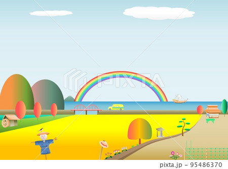 虹秋田舎風景稲穂田んぼ海バス 95486370